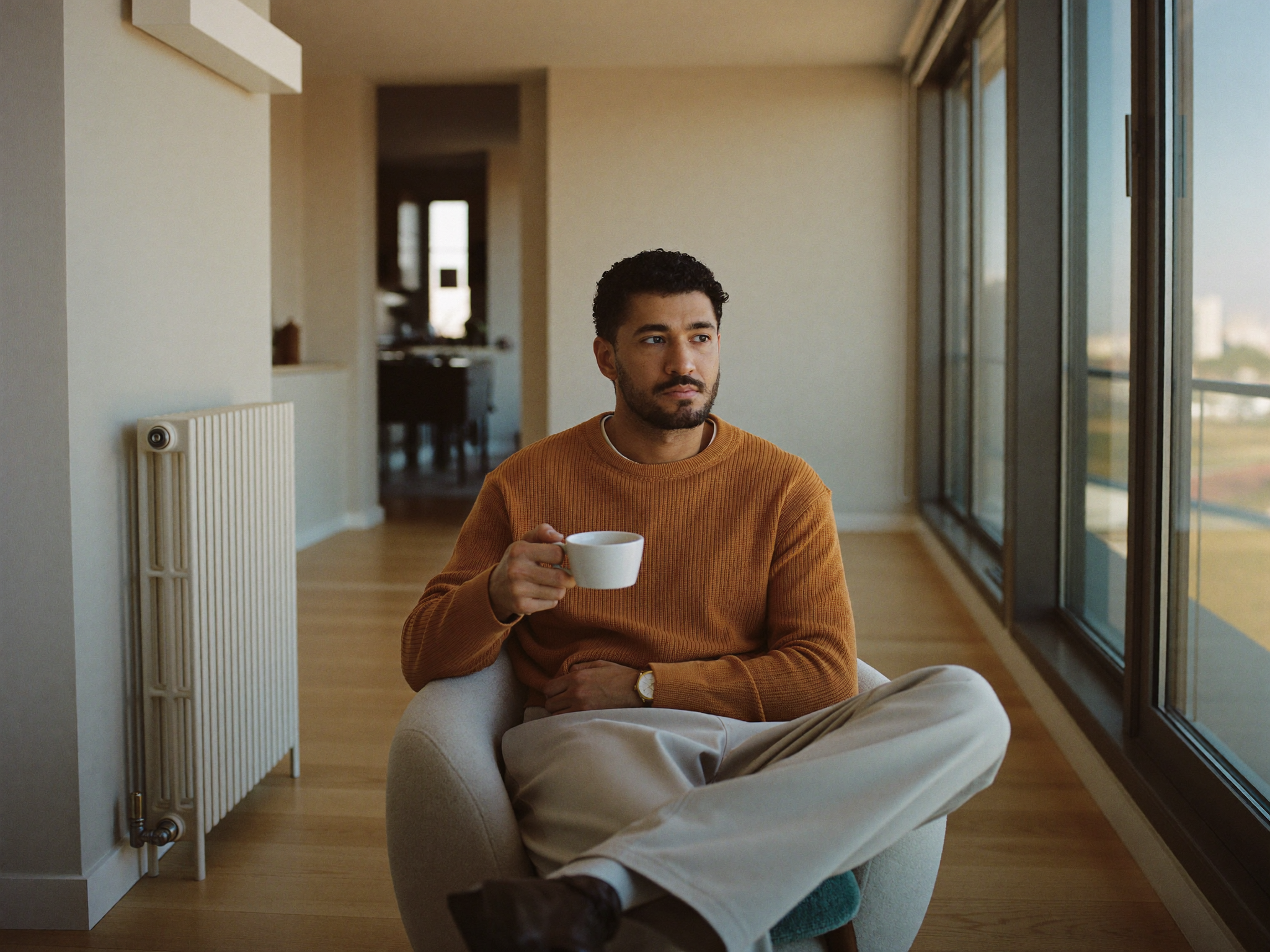 Persona reflexionando tranquilamente junto a una ventana con una taza de café